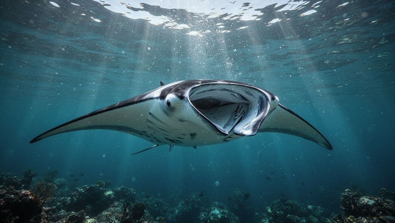 A large manta ray swims through clear blue ocean water with its mouth open to capture plankton.