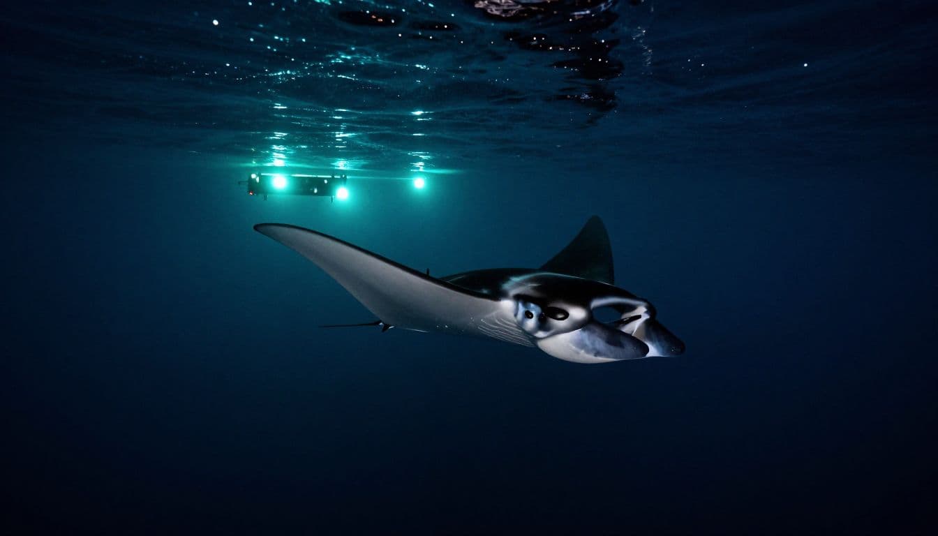 A giant manta ray swims beneath bright blue lights in Hawaii's dark ocean.