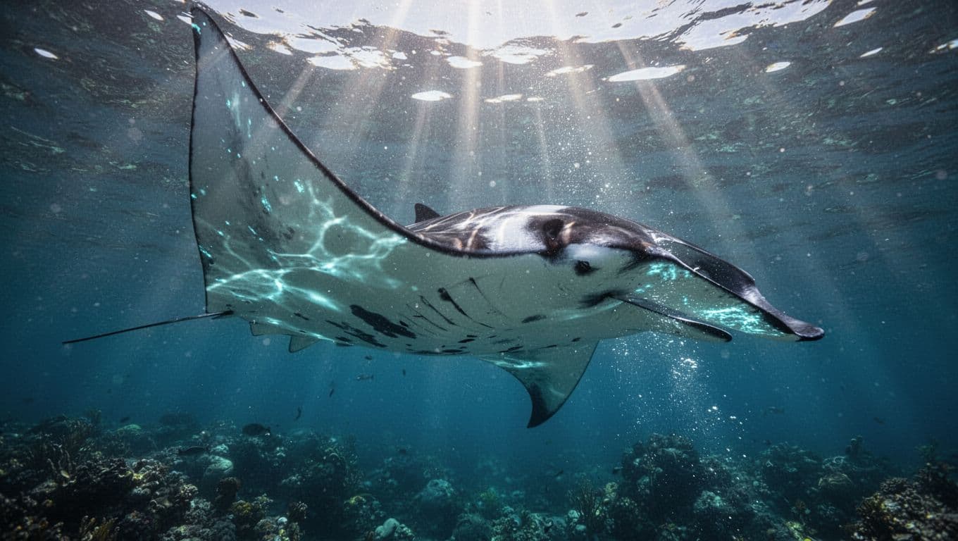 A massive manta ray glides through the deep clear blue waters off the coast of Hawaii. Dramatic sunlight streams from above, highlighting the creature's graceful wingspan and mottled skin patterns.
