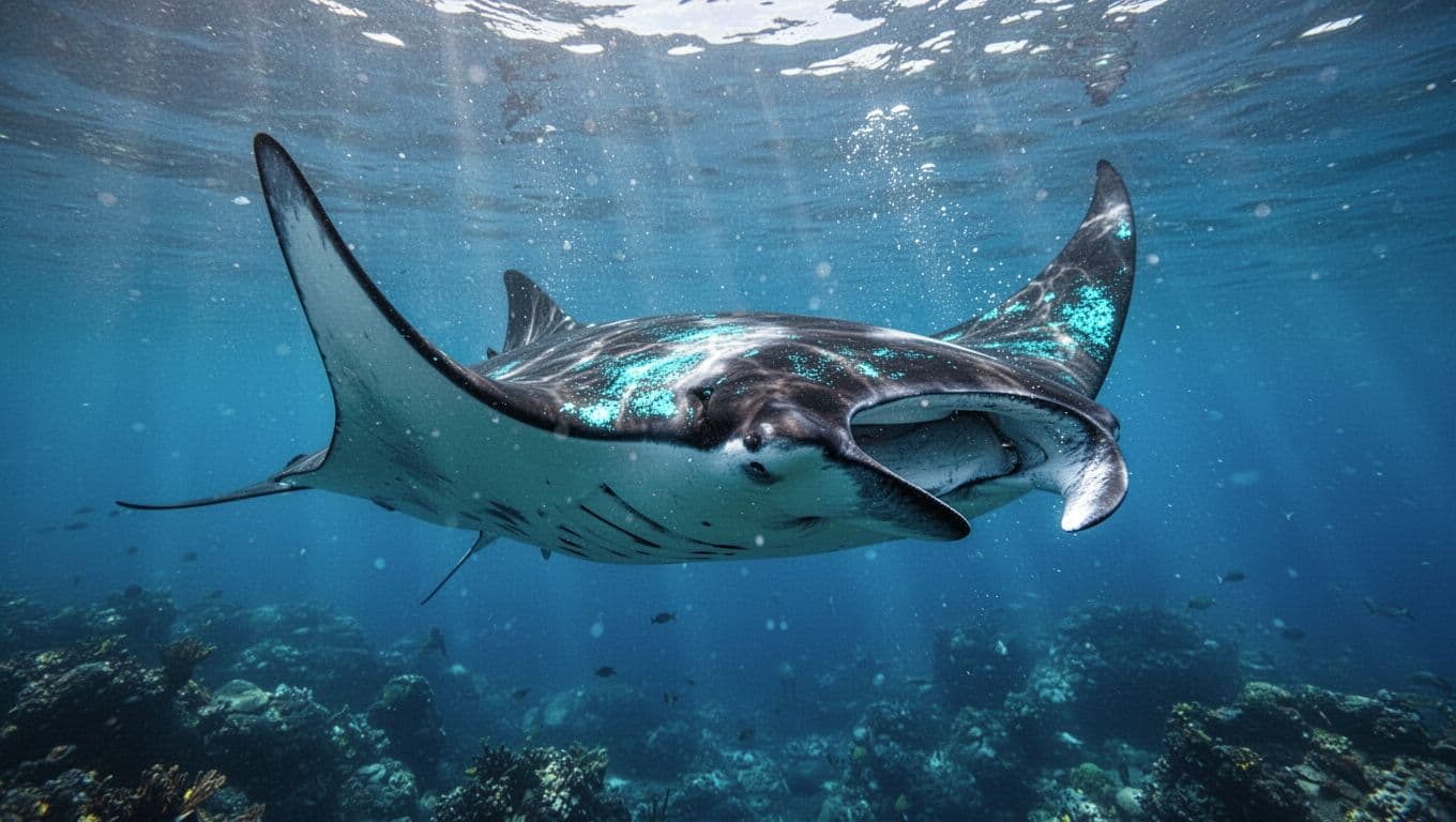 A massive manta ray glides through the crystal clear Hawaiian ocean with sunlight filtering down from above. Vibrant cyan water surrounds the gentle creature, highlighting its distinct and graceful wing patterns.