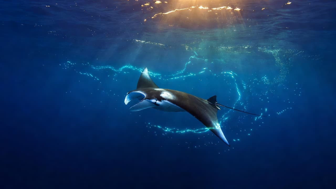 A massive manta ray glides through dark ocean depths near Kona, Hawaii. Beams of sunlight pierce the surface to create shimmering cyan reflections against the creature's broad, dark wingspan in flight.