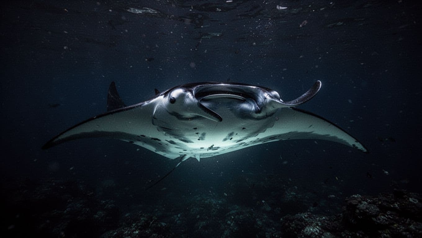 A giant manta ray glides through dark ocean waters with soft light glowing from below.