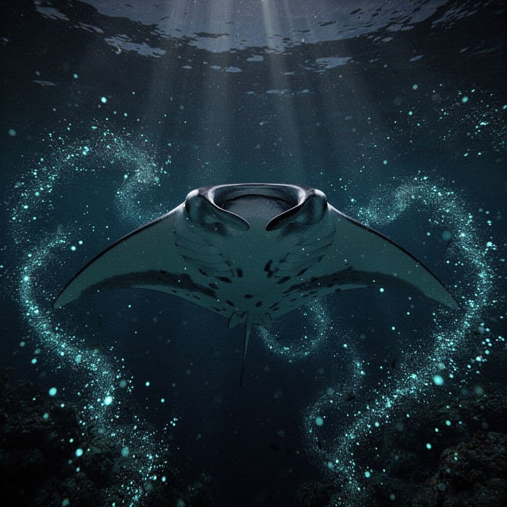 A single giant manta ray glides through dark ocean waters surrounded by glowing cyan plankton. The bioluminescence highlights the detailed leathery texture of its back while casting deep shadows below.