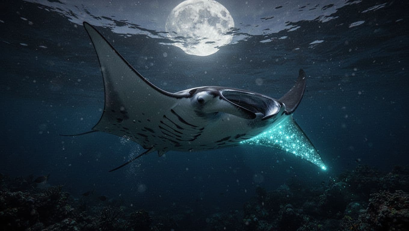 A massive manta ray glides through dark, deep ocean waters near the Kona coast. Glowing cyan light traces the edges of its expansive wings, creating a dramatic high-contrast underwater scene.