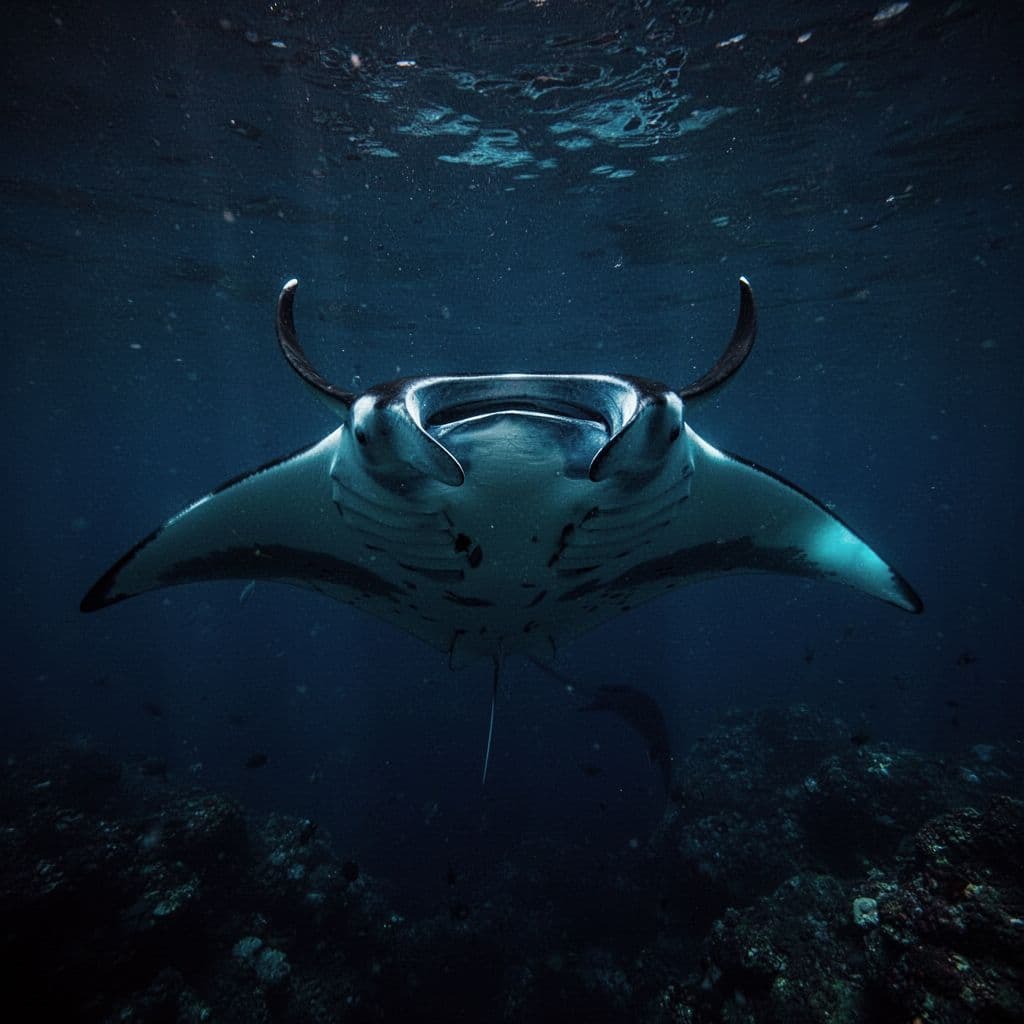 A massive manta ray glides through the dark ocean depths at night. Soft blue bioluminescent light catches its wings, highlighting intricate patterns against the stark contrast of the deep water.