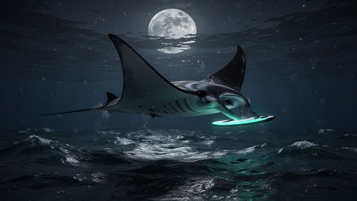 A large manta ray glides through the dark ocean near a bright, glowing snorkeling board.