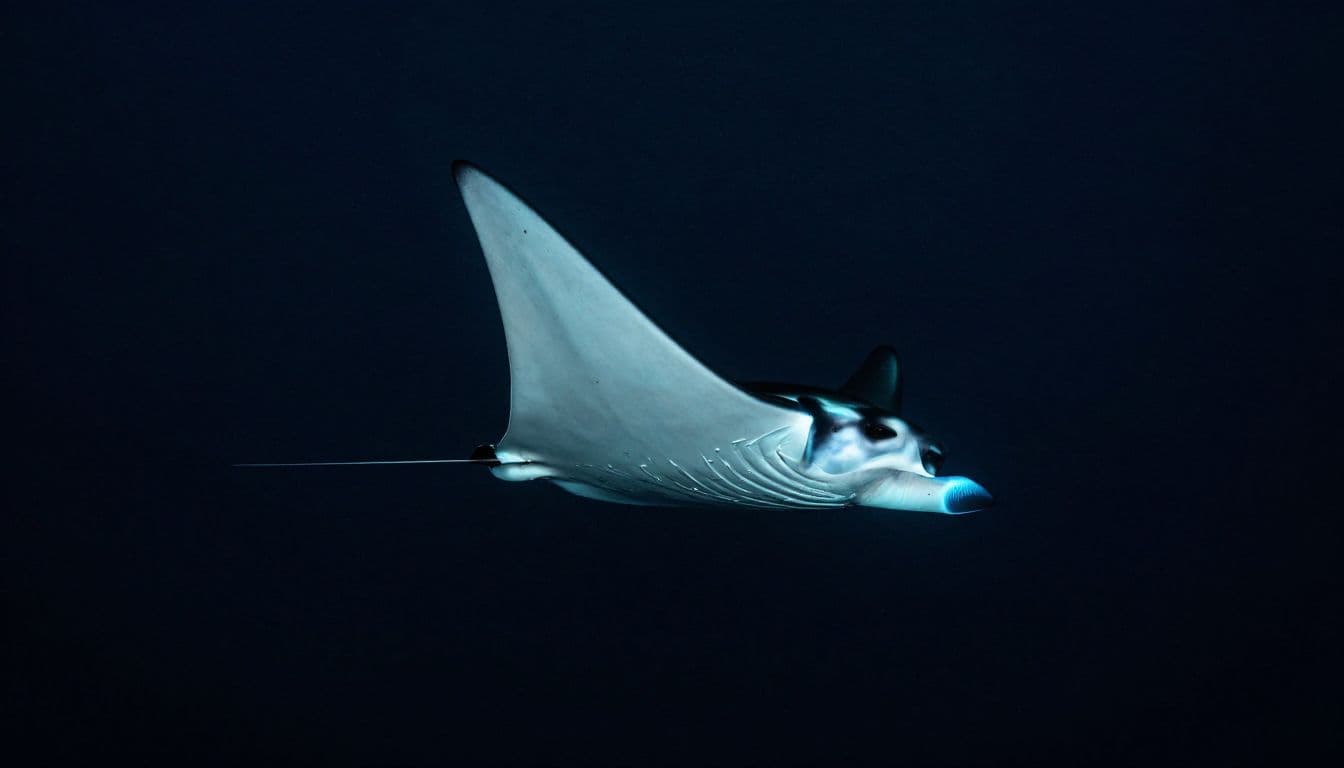 A majestic giant manta ray glides through the dark ocean depths while illuminated by an ethereal cyan glow from beneath. The stark contrast highlights the creature's immense wingspan against black water.