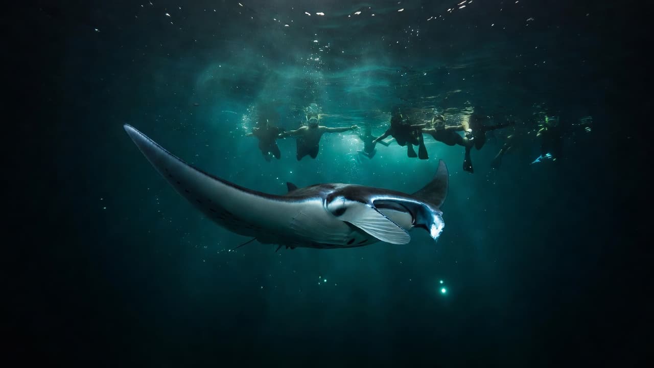 A giant manta ray swims through dark water at night near a group of floating snorkelers.