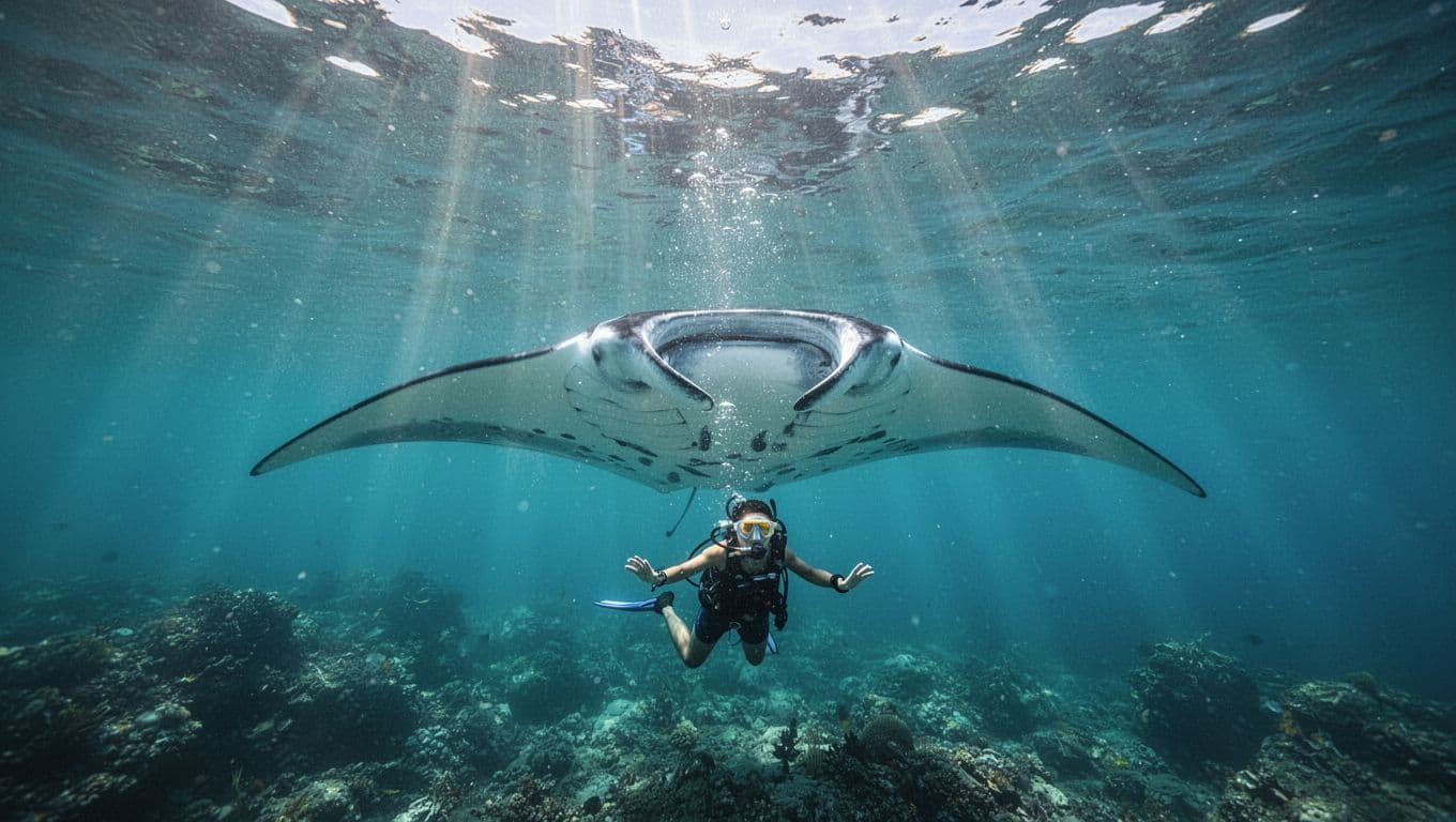 A giant manta ray swims beneath a snorkeler in bright turquoise ocean water.