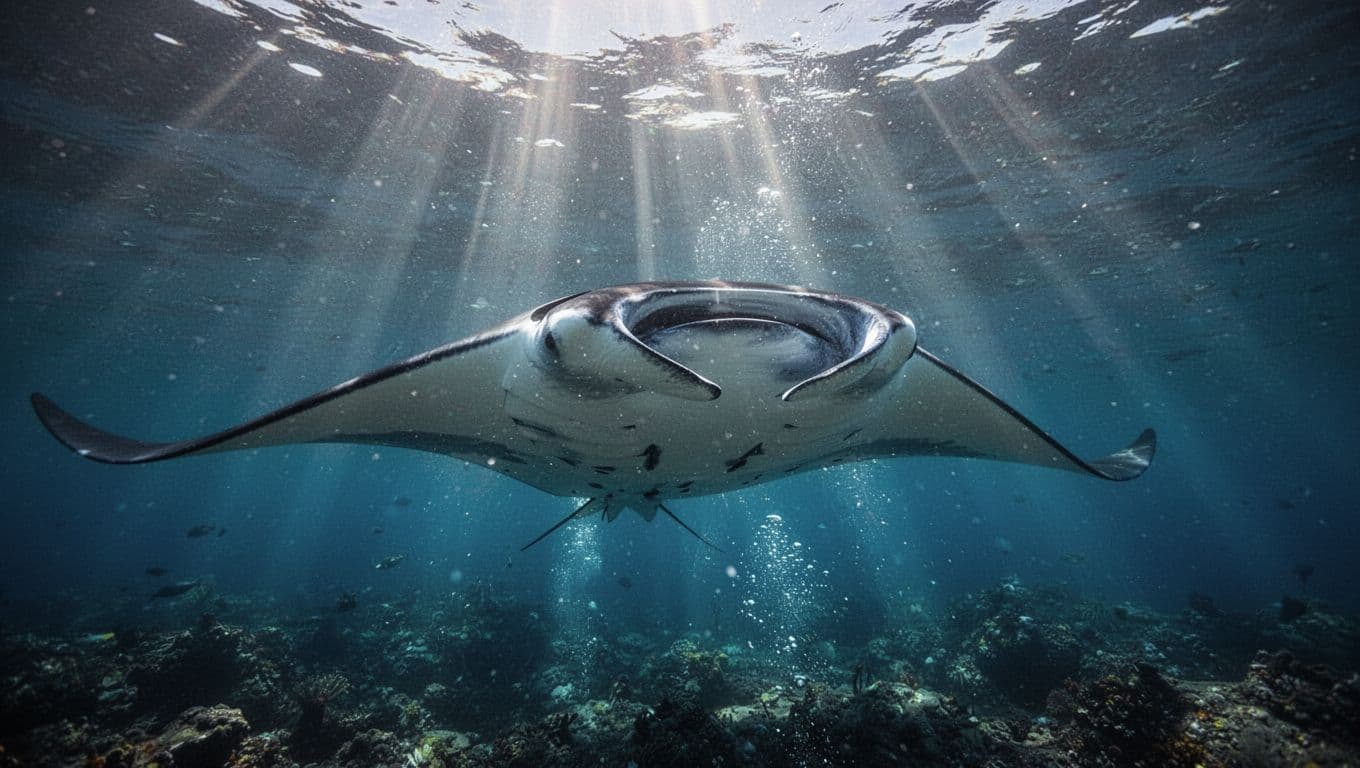 A massive manta ray glides through crystal clear ocean waters near the Kona coast. Sunlight filters from above, illuminating its white belly against the deep blue expanse of the Pacific.