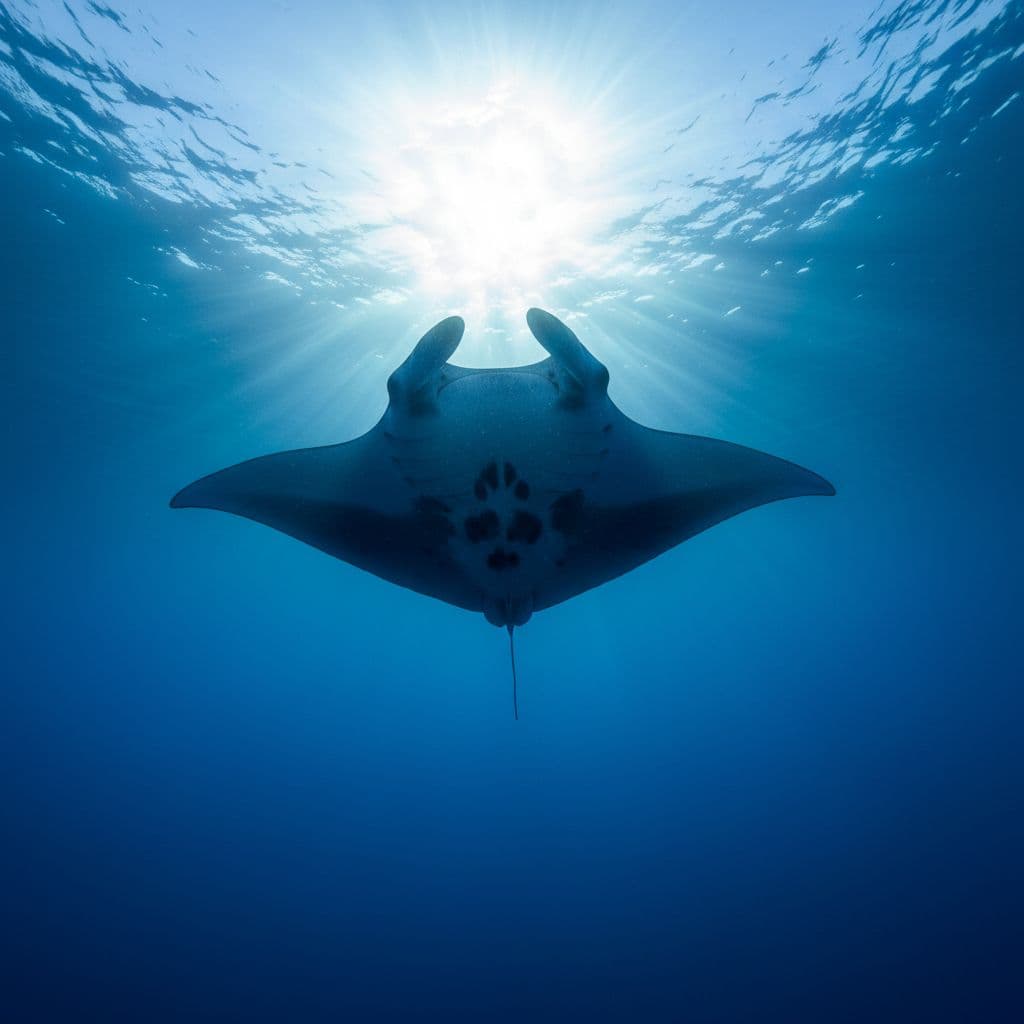 A single large manta ray swims through deep blue water, backlit by sunlight from above.