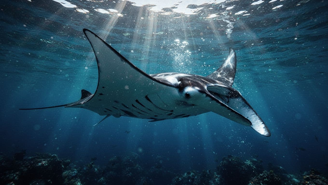 A giant manta ray swims through deep blue ocean water.