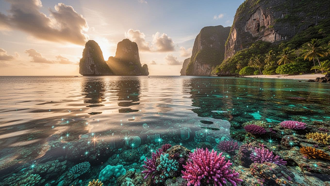 A wide-angle view captures the glassy tropical surface at sunrise, reflecting limestone cliffs. Below the still water, a vibrant coral reef thrives in clear depths under soft morning light.