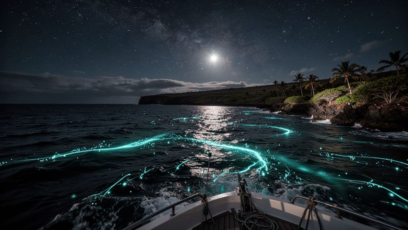 Dark ocean waves ripple under the night sky while brilliant cyan spotlights create vibrant streaks of light across the deep water surface from the perspective of a stationary boat offshore.