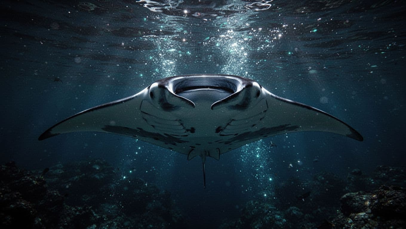 A graceful manta ray glides through dark ocean waters, its silhouette illuminated by ethereal blue and white light. Tiny, sparkling cyan highlights shimmer around its wide fins against the deep background.