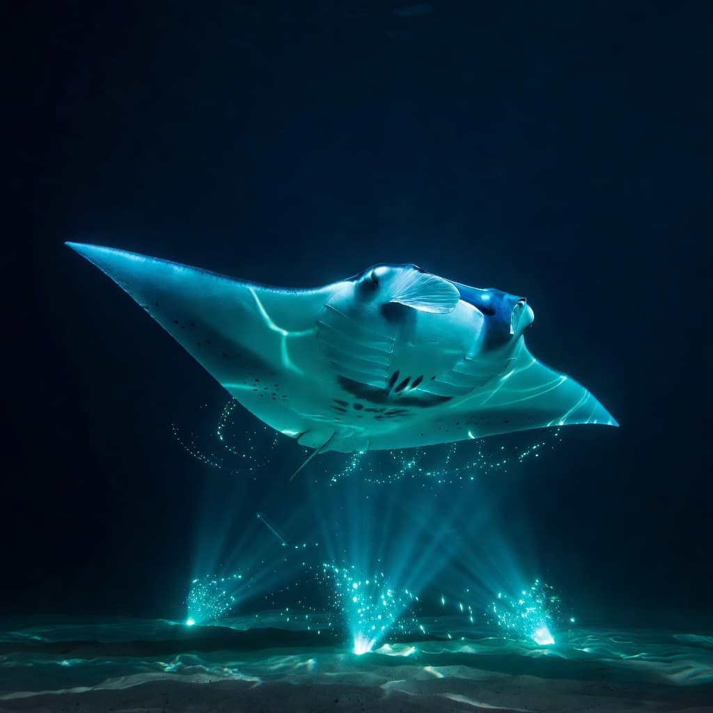 A majestic manta ray drifts through dark ocean depths, its expansive wings highlighted by shimmering cyan light. Strong shadows surround the creature, emphasizing its graceful movement and immense scale at night.