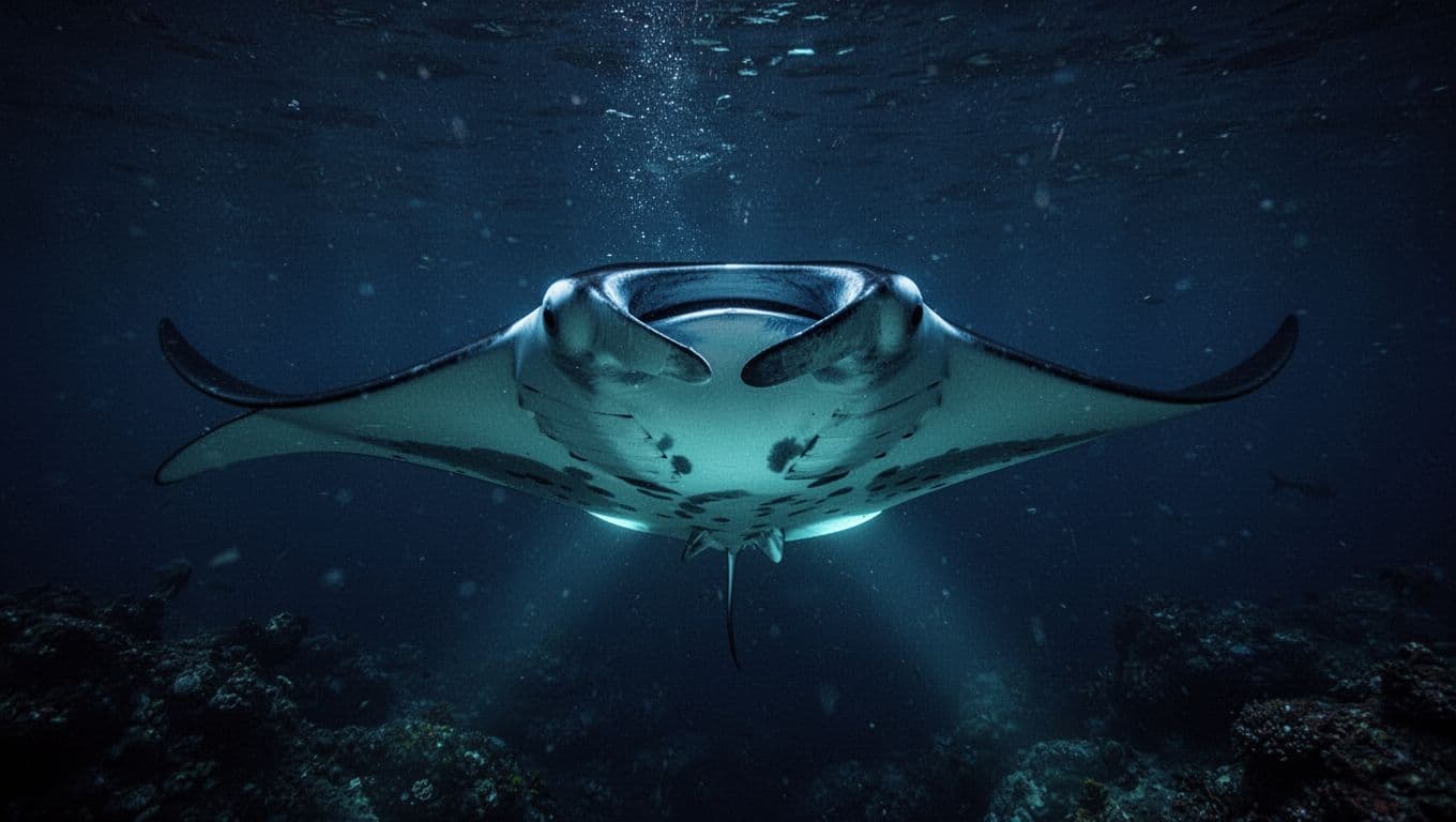 A massive manta ray glides gracefully through dark, deep blue ocean depths. The creature is brightly illuminated by artificial lights, casting soft cyan highlights across its wide, textured wings and body.
