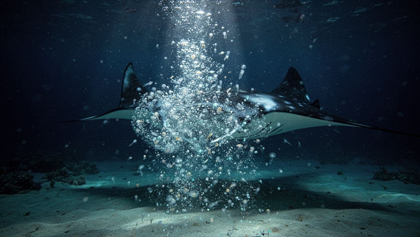 Microscopic plankton particles densely swarm and sparkle in a narrow underwater light beam piercing dark ocean waters off Kona, Big Island, Hawaii, with a faint manta ray wingtip entering the lit area.