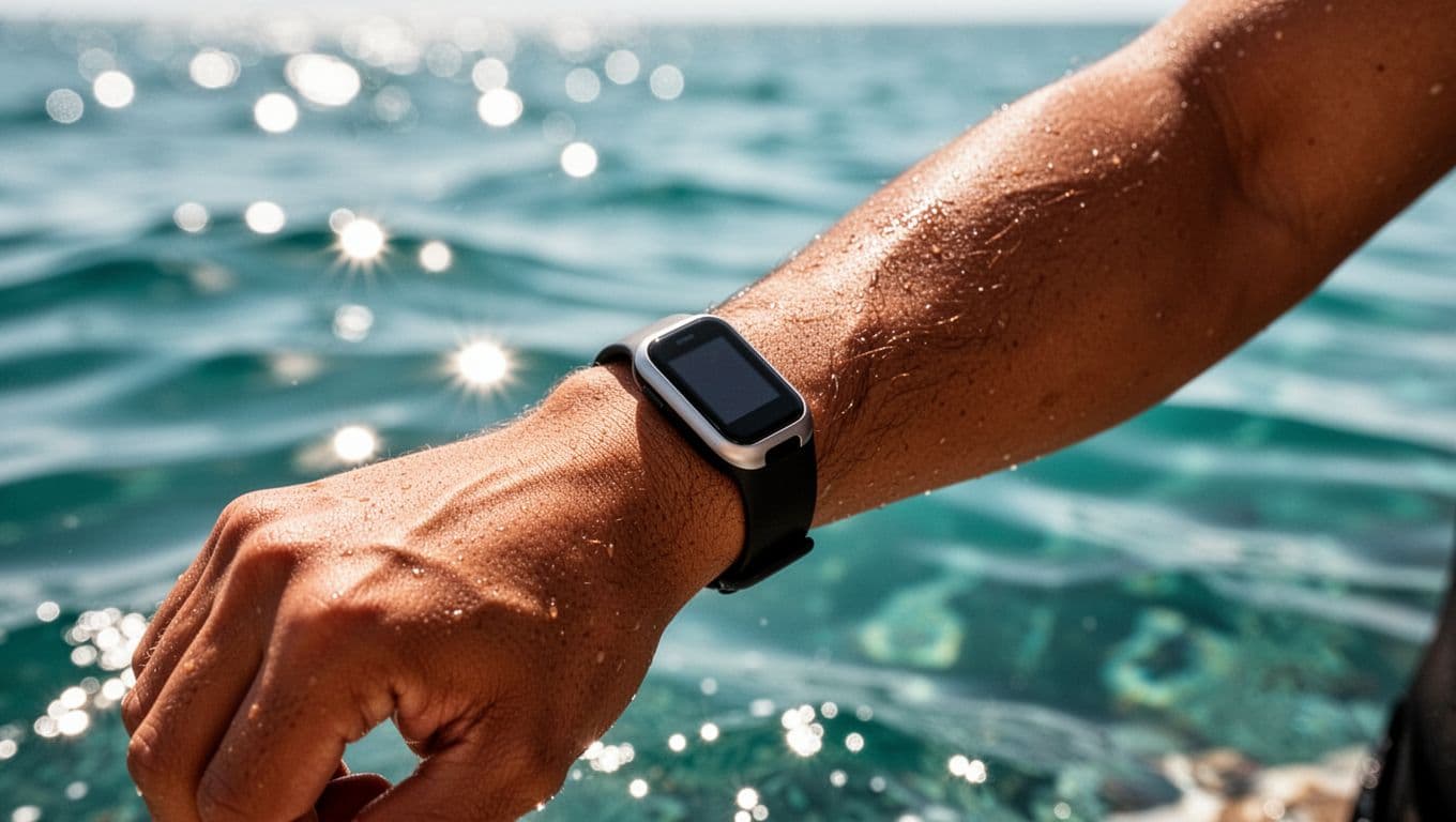 A glucose sensor on a tanned arm with sparkling blue water behind it.