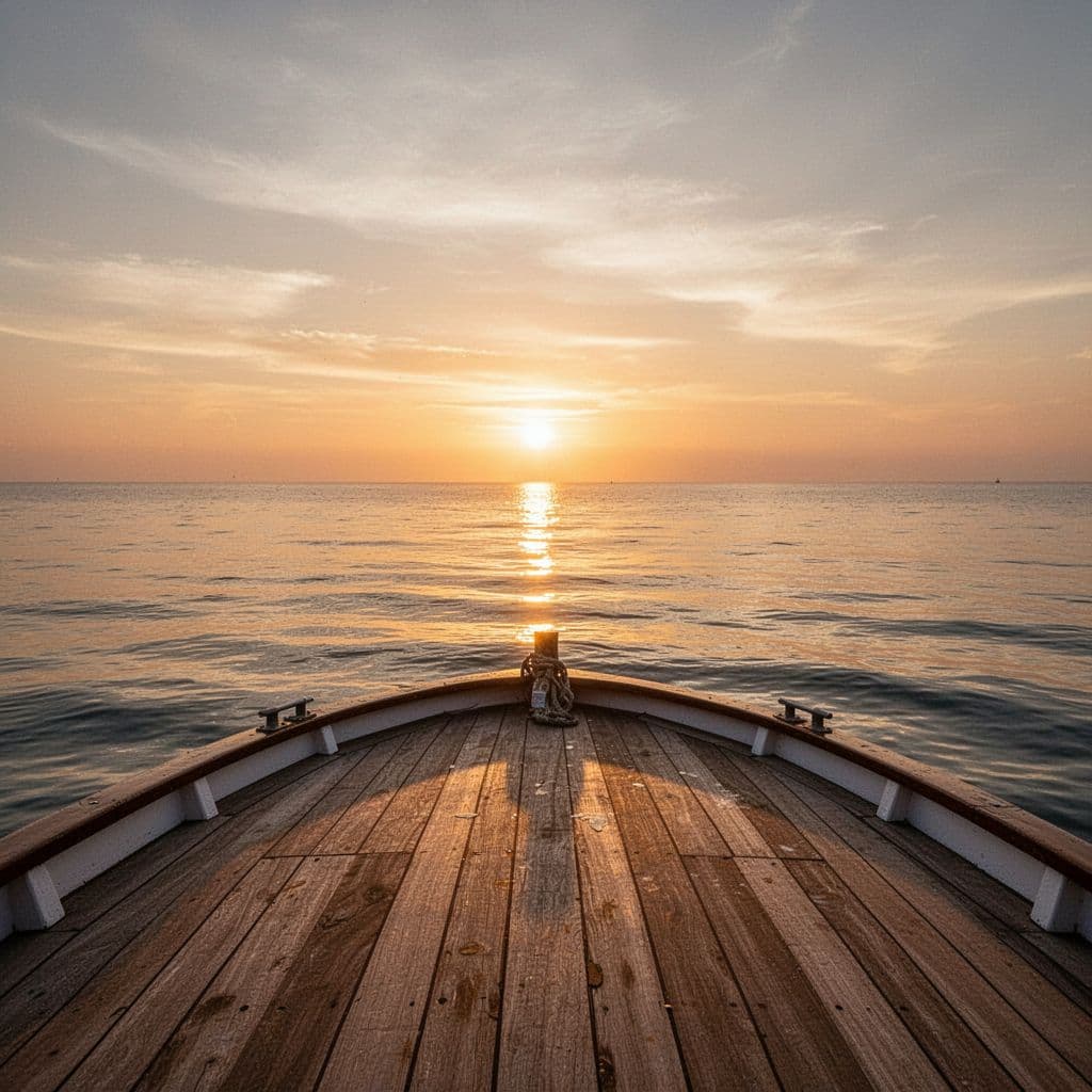 A warm sunset casts a golden glow across the empty wooden deck of a boat at sea.