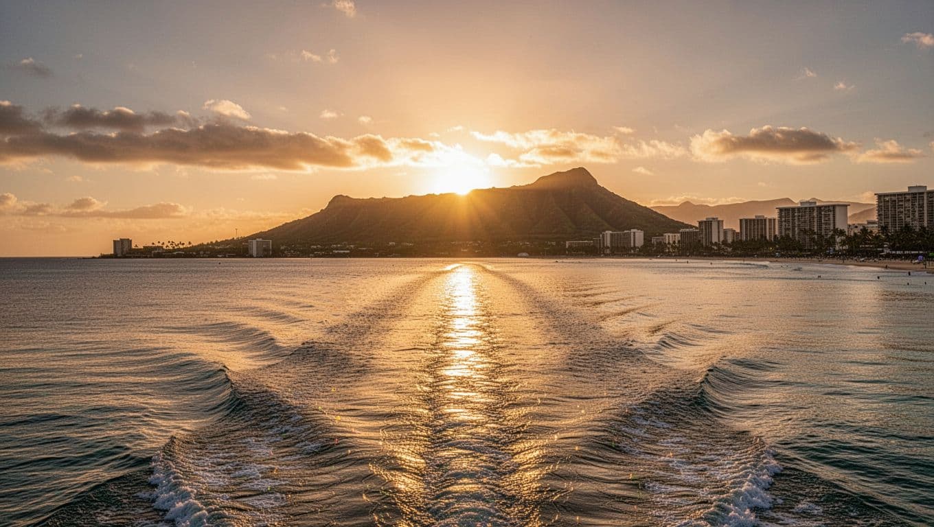 Calm ocean with boat wake forming golden path to sun setting behind Diamond Head.