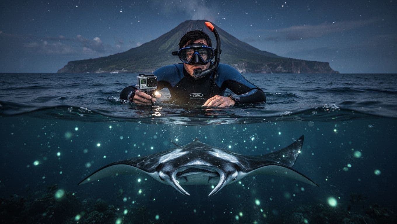 A solo snorkeler in wetsuit and mask holds a wrist-strapped GoPro at the ocean surface at night, with a giant manta ray gliding below in illuminated plankton-filled water and volcanic coastline in the background.
