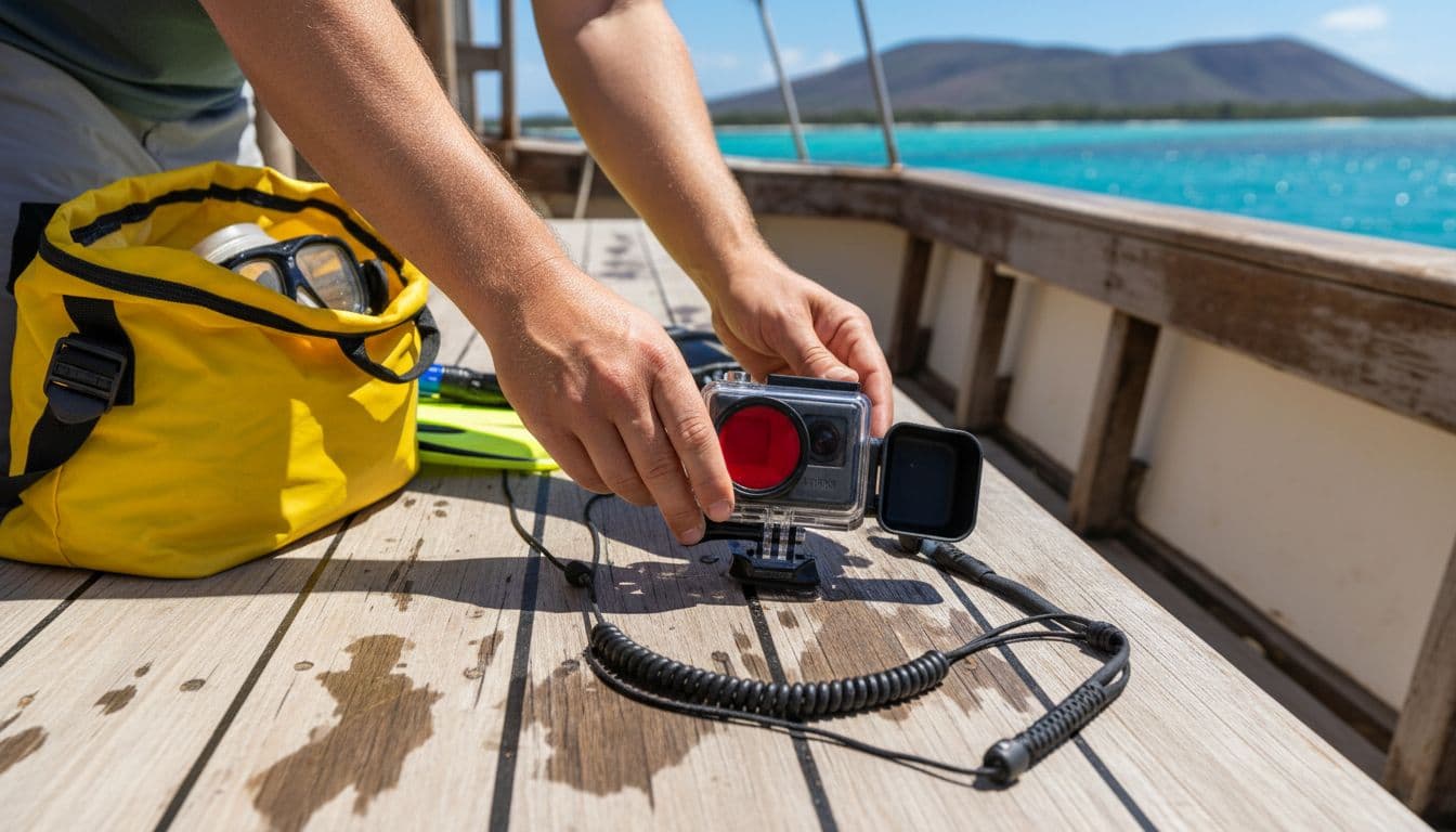 Close-up of waterproof camera gear setup on a boat deck before Turtle Canyon snorkel, featuring GoPro, housing, red filter, sun hood, and dry bag in bright Hawaiian sunlight with wooden railing background.