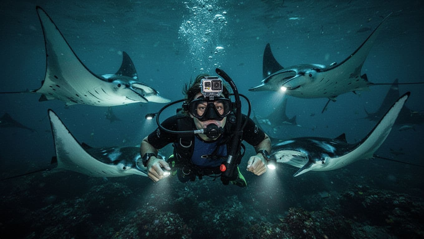 GoPro on snorkeler's mask captures manta rays gliding close in dark ocean lit by blue dive lights.