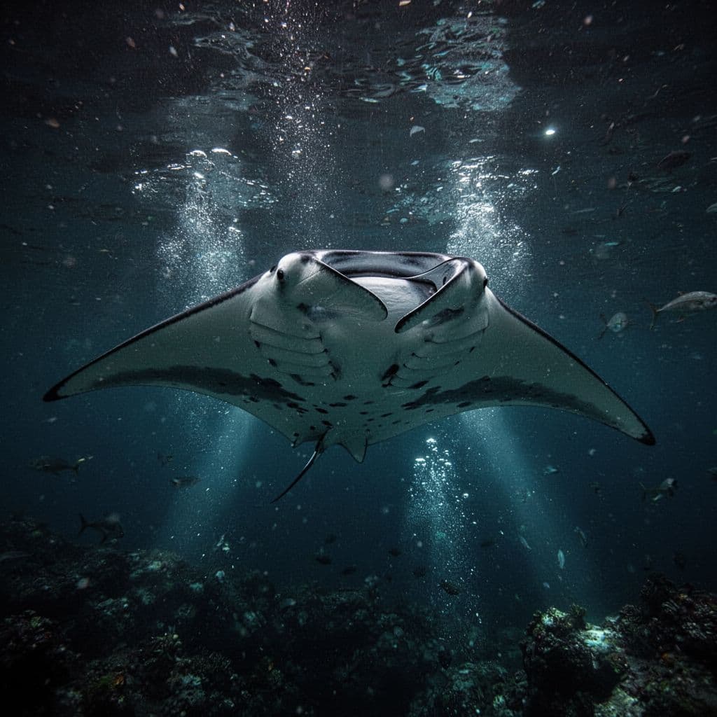 A majestic manta ray glides through deep oceanic currents while glowing cyan plankton particles swirl around its massive wings. Soft underwater spotlights accentuate the creature's smooth form against the dark backdrop.