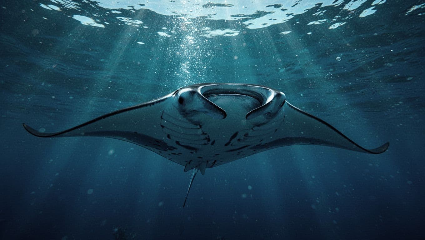 A large manta ray swims through deep blue water as vibrant cyan light filters down from the surface. The majestic creature glides smoothly in the vast, serene ocean landscape.