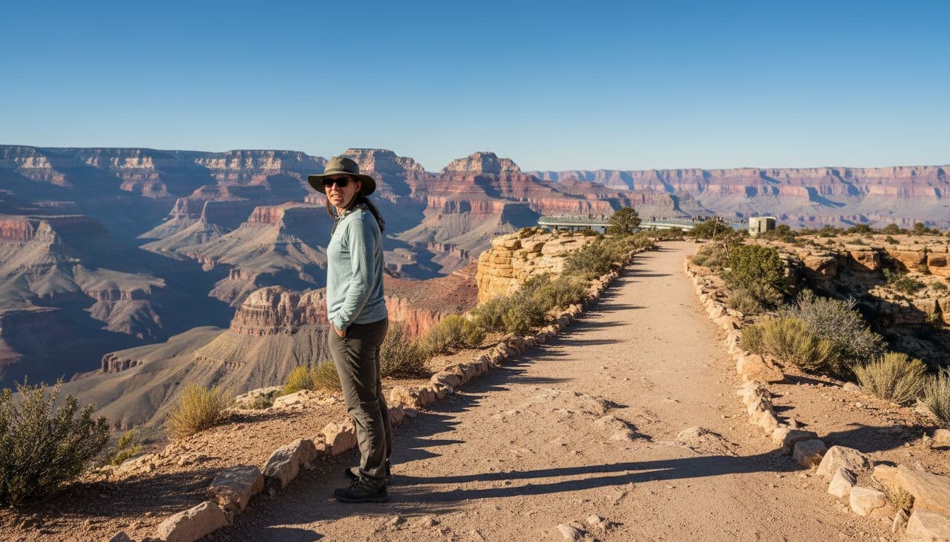 A solo adult tourist in casual hiking clothes stands at Eagle Point viewpoint on Grand Canyon West Rim, looking back over shoulder with slight worry towards empty trail, vast colorful canyon and Hualapai Skywalk in distance.
