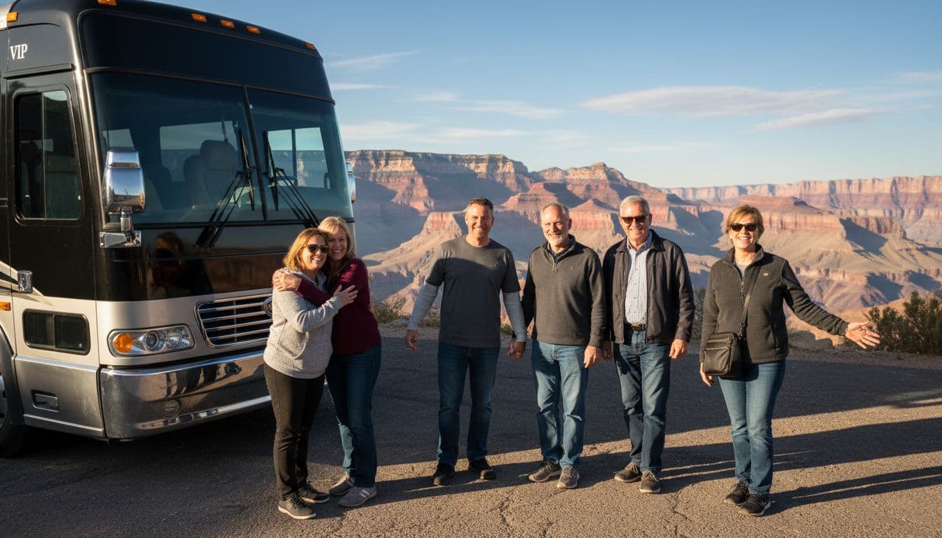 A small group of exactly six tourists happily reunites near a luxury VIP bus parked at Guano Point on the Grand Canyon West Rim, exchanging hugs and smiles against a vast canyon vista in sunny afternoon light.