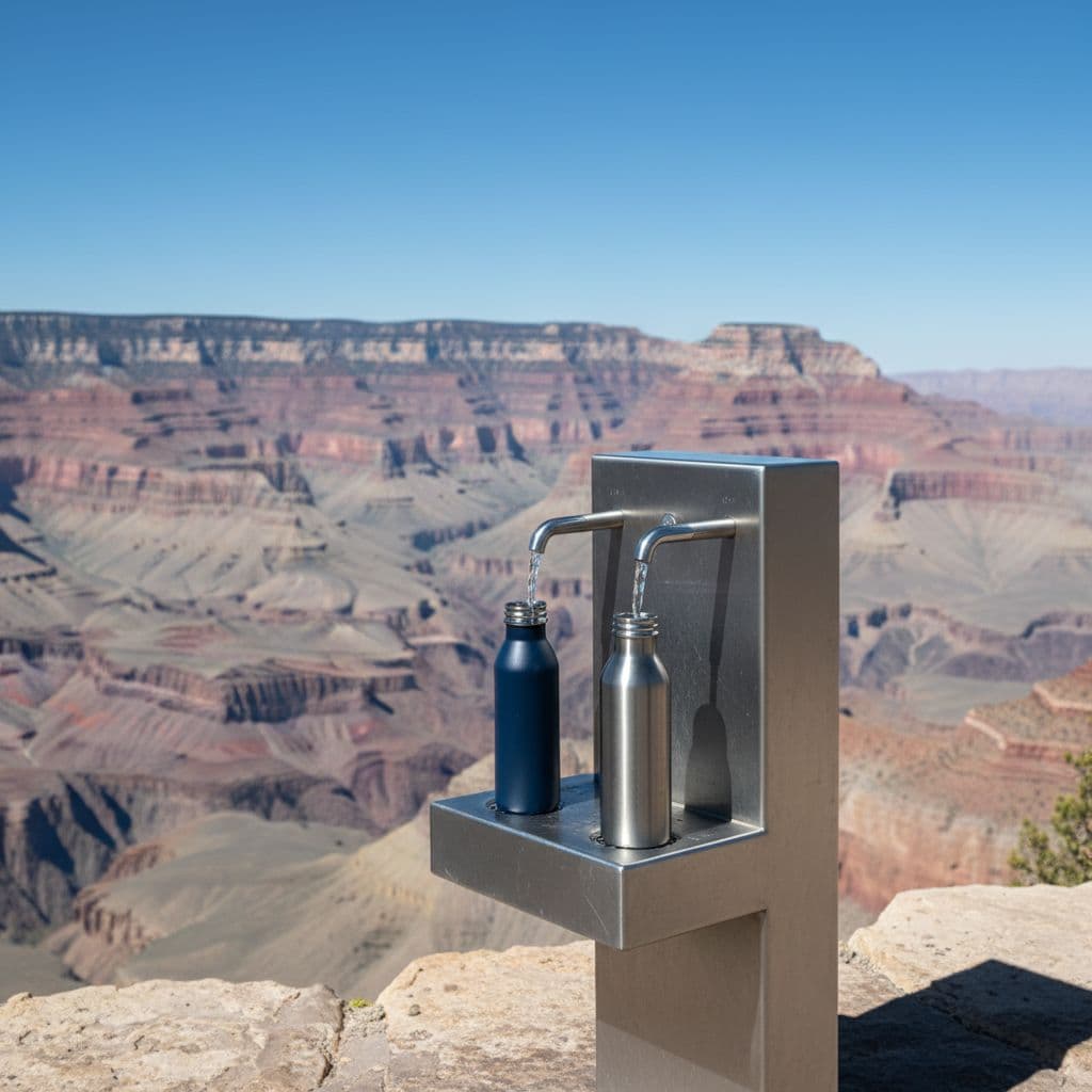Metal water fountain at a Grand Canyon viewpoint serving as a refill station for reusable bottles, with rocky canyon background, clear blue sky, and simple focus on the fountain and filling bottles in daylight.