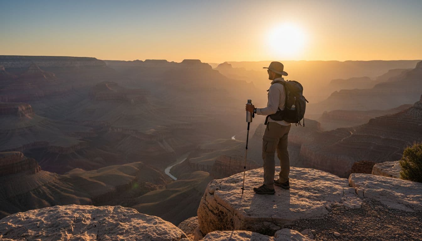 A solo hiker stands on the Grand Canyon West Rim edge holding a reusable water bottle, with vast colorful canyon layers below under bright desert sun in golden hour lighting.