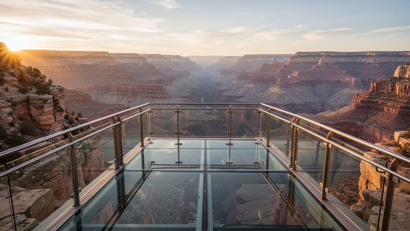 Ultra-realistic cinematic travel photography of an empty glass platform like the Skywalk over Grand Canyon West Rim, featuring canyon depths below, golden-hour side lighting, and crisp natural details in 16:9 landscape.