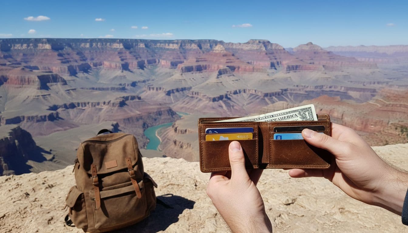 A lone traveler stands relaxed at the Grand Canyon West rim viewpoint, holding an open leather wallet revealing US dollar bills and credit cards, with a backpack nearby and the immense canyon landscape featuring the Colorado River far below under bright sunny natural lighting.