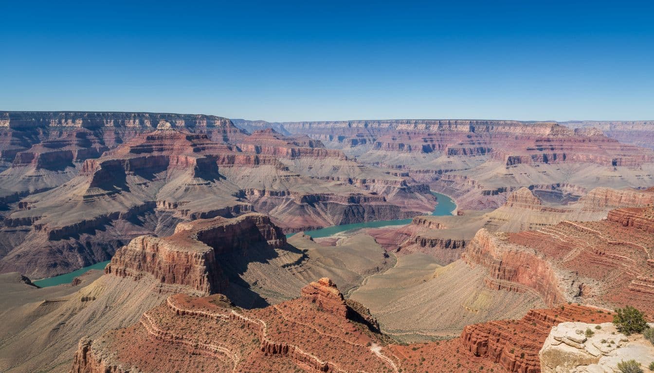 Panoramic view of Grand Canyon West Rim at Eagle Point under clear blue sky with layered red rock cliffs and distant Colorado River. Natural landscape photo in bright daylight, high detail, no people or structures.