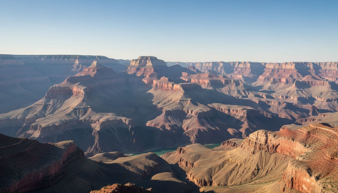 Vast colorful layered rock formations stretch to the horizon at Grand Canyon West Rim's Eagle Point, under a calm sky with soft morning sunlight and a glimpse of the Colorado River below, in a peaceful realistic style.