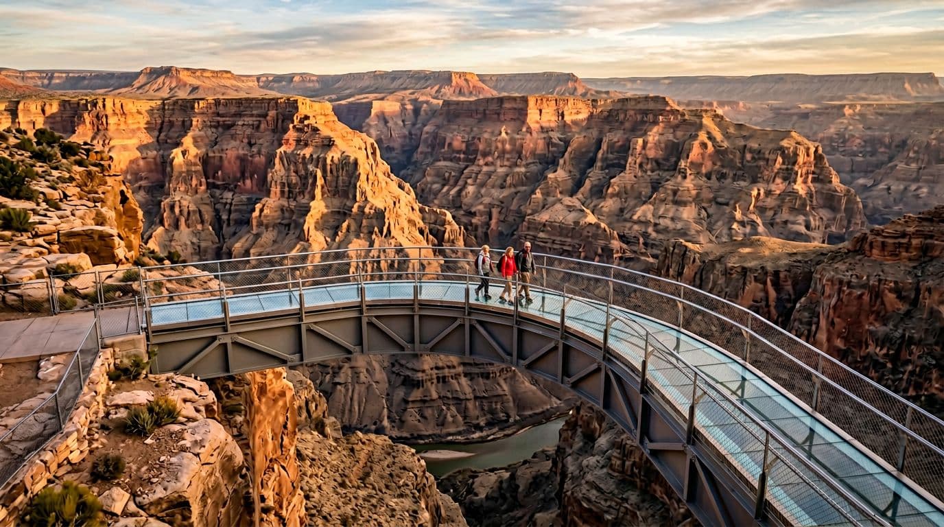 Glass skywalk viewing platform at Grand Canyon West Rim from a respectful side angle, emphasizing scale with canyon cliffs, safety railings, and three distant relaxed visitors in photorealistic golden-hour light.