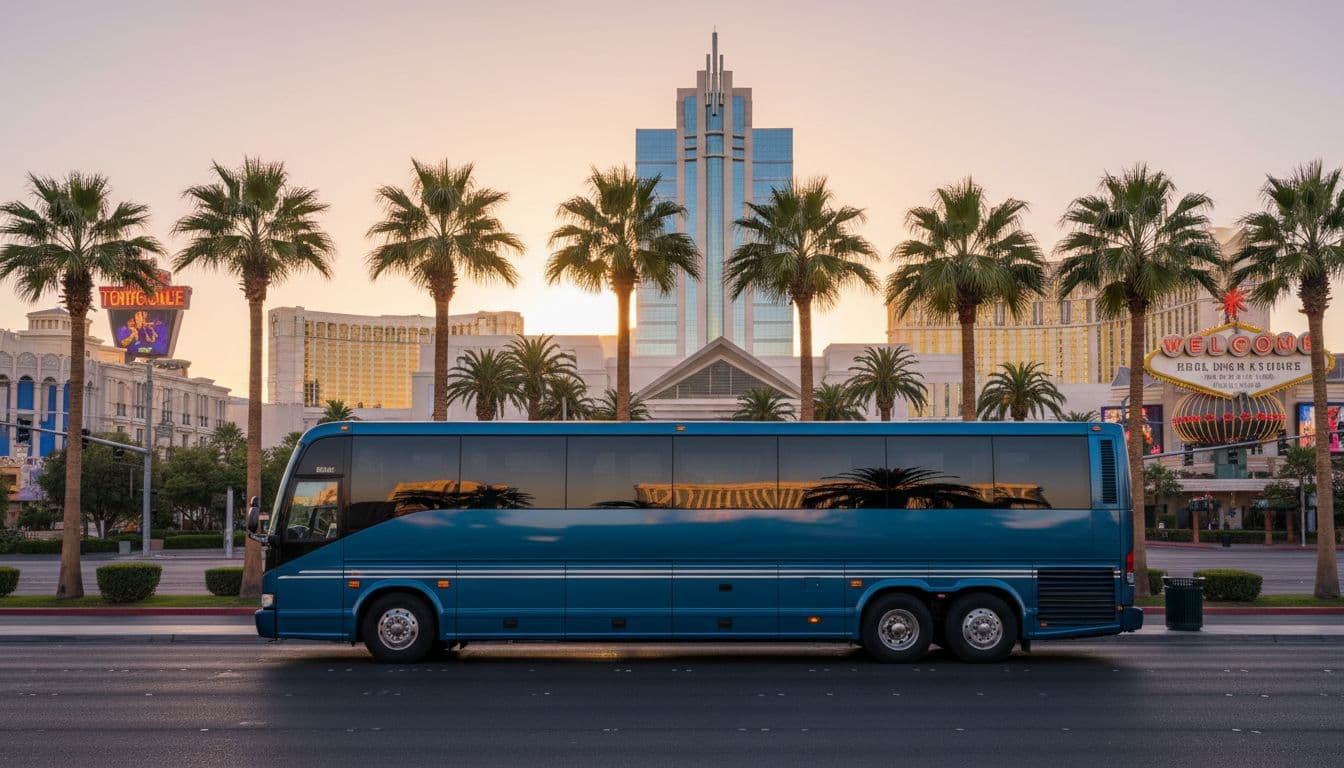 A luxury air-conditioned bus parked in front of a famous Las Vegas Strip hotel at dawn, ready for Grand Canyon West Rim tour pickup. Background features Vegas palm trees and neon signs softly lit by sunrise in a wide landscape realistic photo.