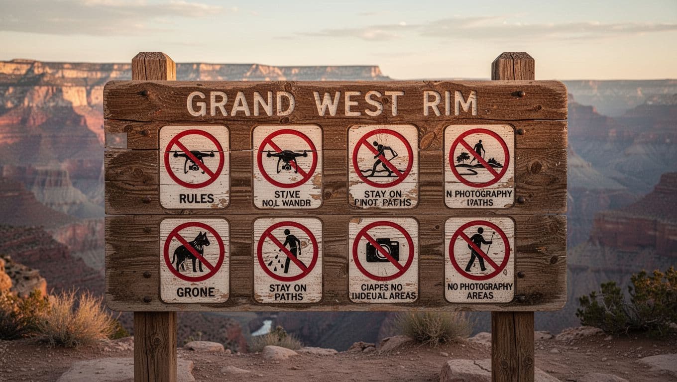 Ultra-realistic cinematic travel photo of a wooden signage board at Grand Canyon West Rim displaying symbolic icons for rules like no drones, stay on paths, and no photography in certain areas, lit by golden-hour light with blurred canyon background.