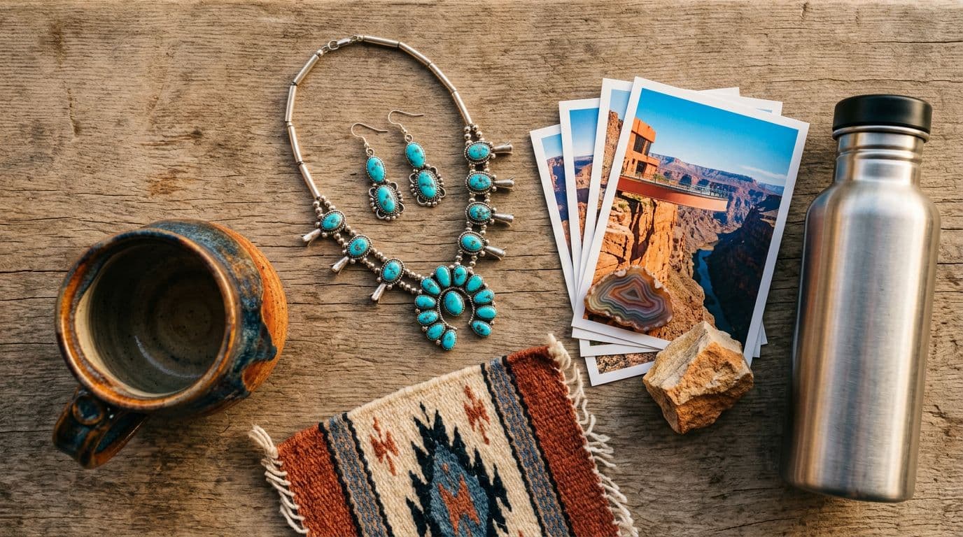 Flat-lay composition of top Grand Canyon West Rim souvenirs including turquoise-style jewelry, handcrafted pottery mug, woven blanket fragment, postcards, polished rock sample, and metal water bottle on neutral wooden background.