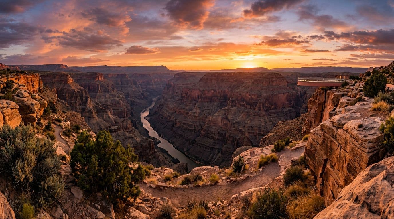 Wide panorama of Grand Canyon West Rim cliffs with the Colorado River far below, bathed in warm sunset lighting and golden-hour glow. A distant viewing platform adds to the scenic travel photography vista.