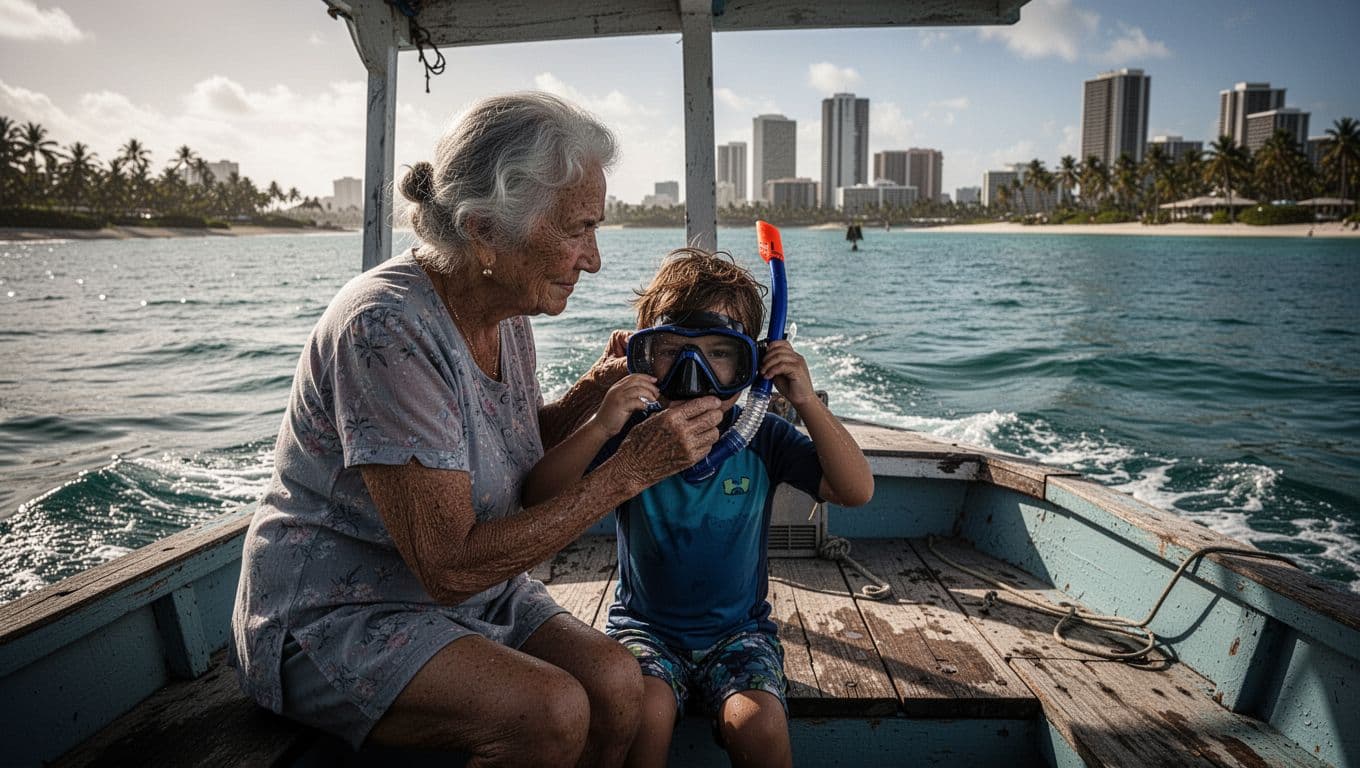 Elderly woman kneels on boat deck helping young child adjust snorkel mask, Waikiki skyline distant, gentle waves.