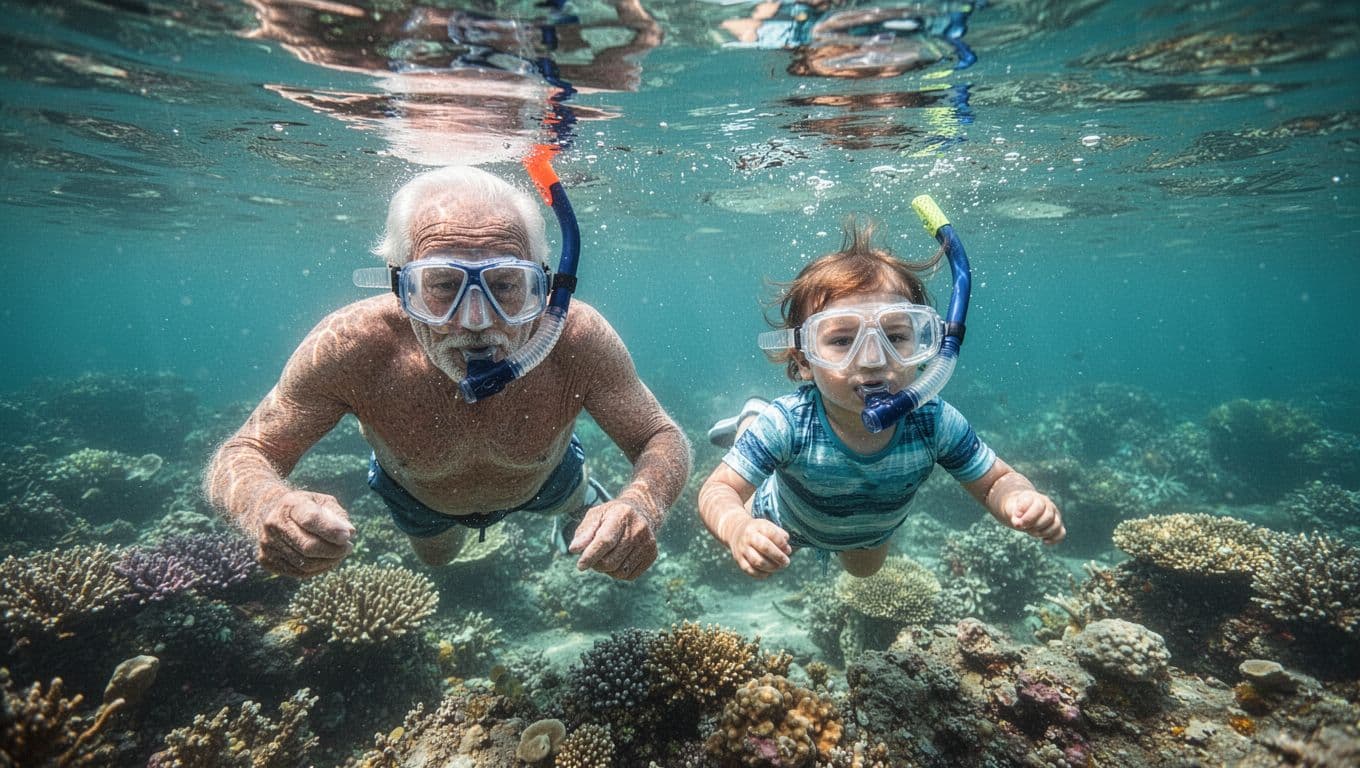 An older man and child snorkeling above a colorful coral reef.