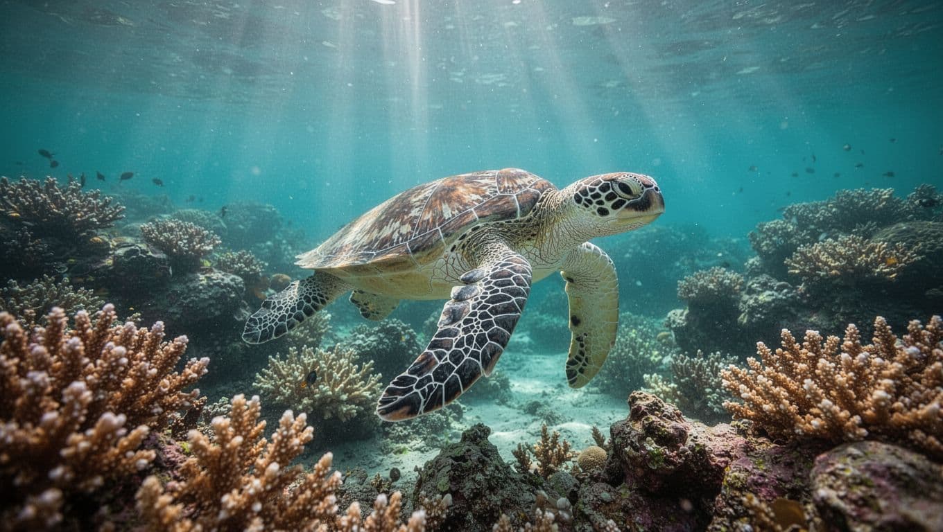 Green sea turtle swims near coral reef as sunbeams filter through turquoise water.