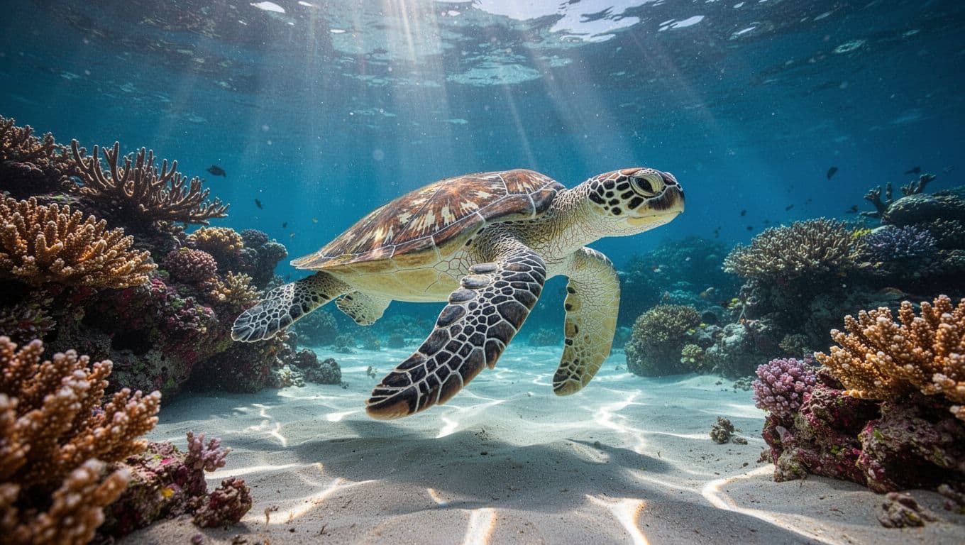 A green sea turtle swims gracefully through clear tropical waters above a vibrant coral reef.