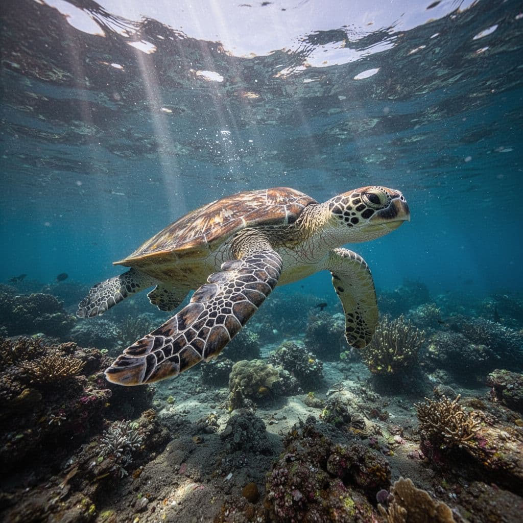 A green sea turtle glides through clear ocean water as sunlight streams from the surface.