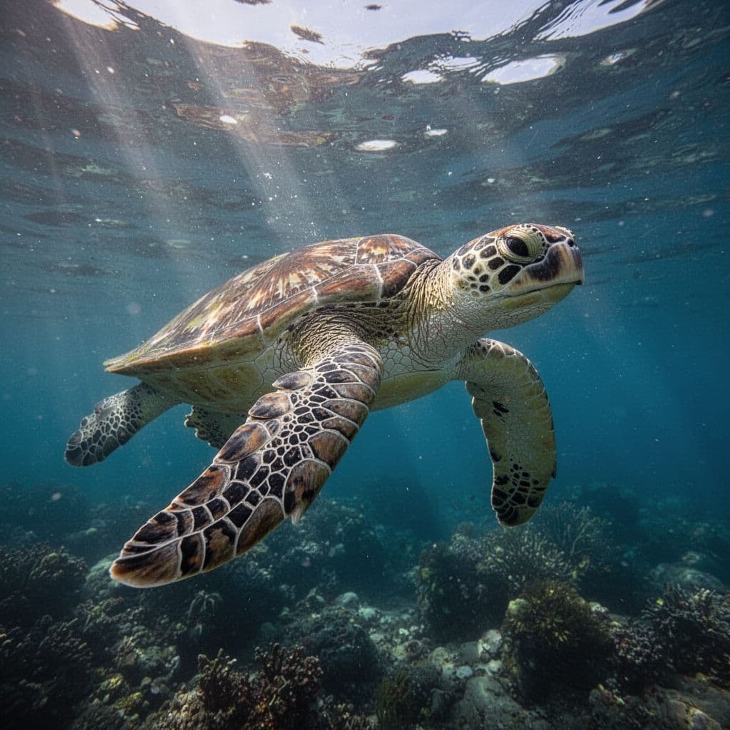 A green sea turtle swims gracefully through clear blue water in Hawaii.