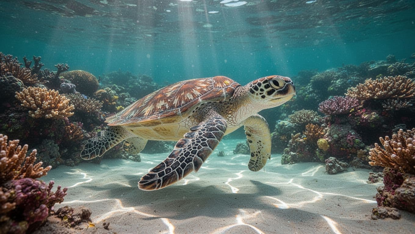 Green sea turtle swims near colorful coral reef in clear turquoise waters with sunlight god rays on seafloor.